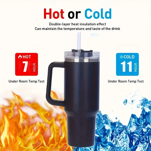 1 Stück isolierter wiederverwendbarer Doppelwand-Becher mit Griff und Strohdeckel, Trinkflasche aus Edelstahl, Reisebecher, 40 OZ