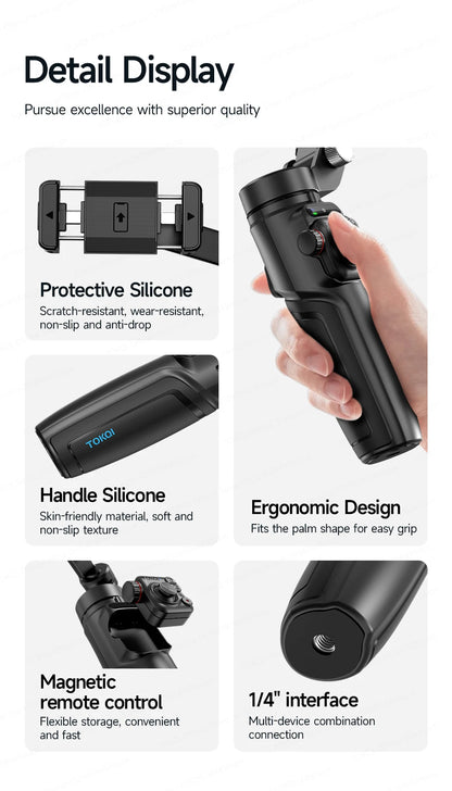 TOKQI M06 KI-Tracking-Gimbal Anti-Schütteln-Stabilisator mit integriertem Teleskopstab und kabellosem Mikrofon für Smartphone-Aufnahmen und Vlogs