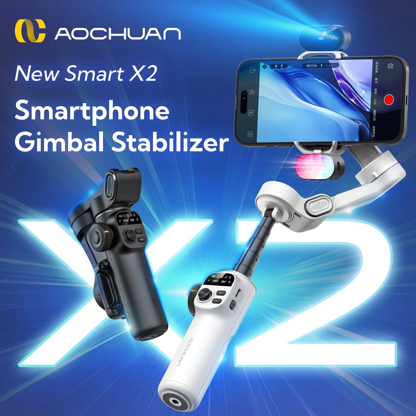 AOCHUAN Smart X2 – 3-Achsen-Smartphone-Gimbal mit ausziehbarem Stativarm und LED-Display.