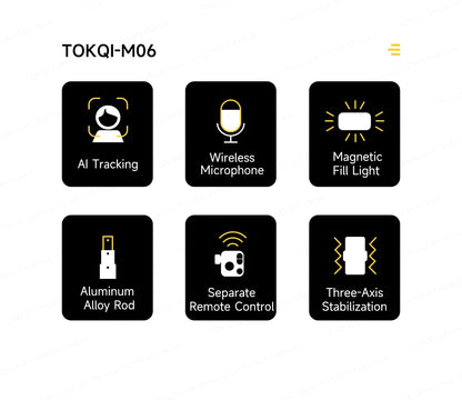 TOKQI M06 KI-Tracking-Gimbal Anti-Schütteln-Stabilisator mit integriertem Teleskopstab und kabellosem Mikrofon für Smartphone-Aufnahmen und Vlogs