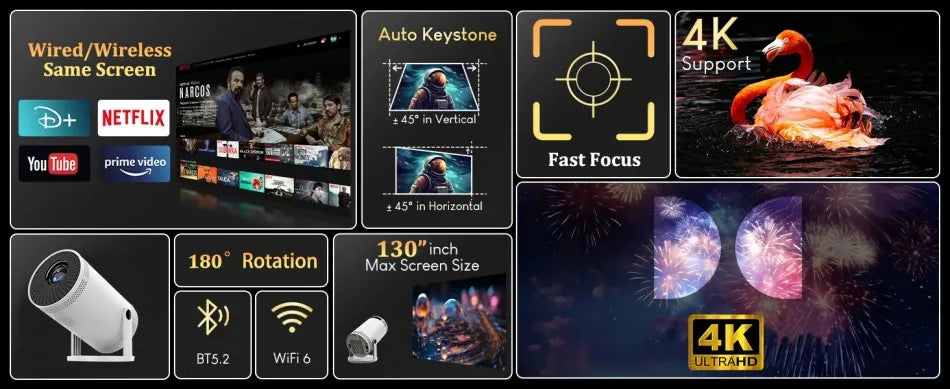 Mini tragbarer Projektor unterstützt 4K 1080P Video Projektor 260ANSI 5G Wifi 180° drehbarer Heimkino-Beamer Smart Outdoor-Projektor