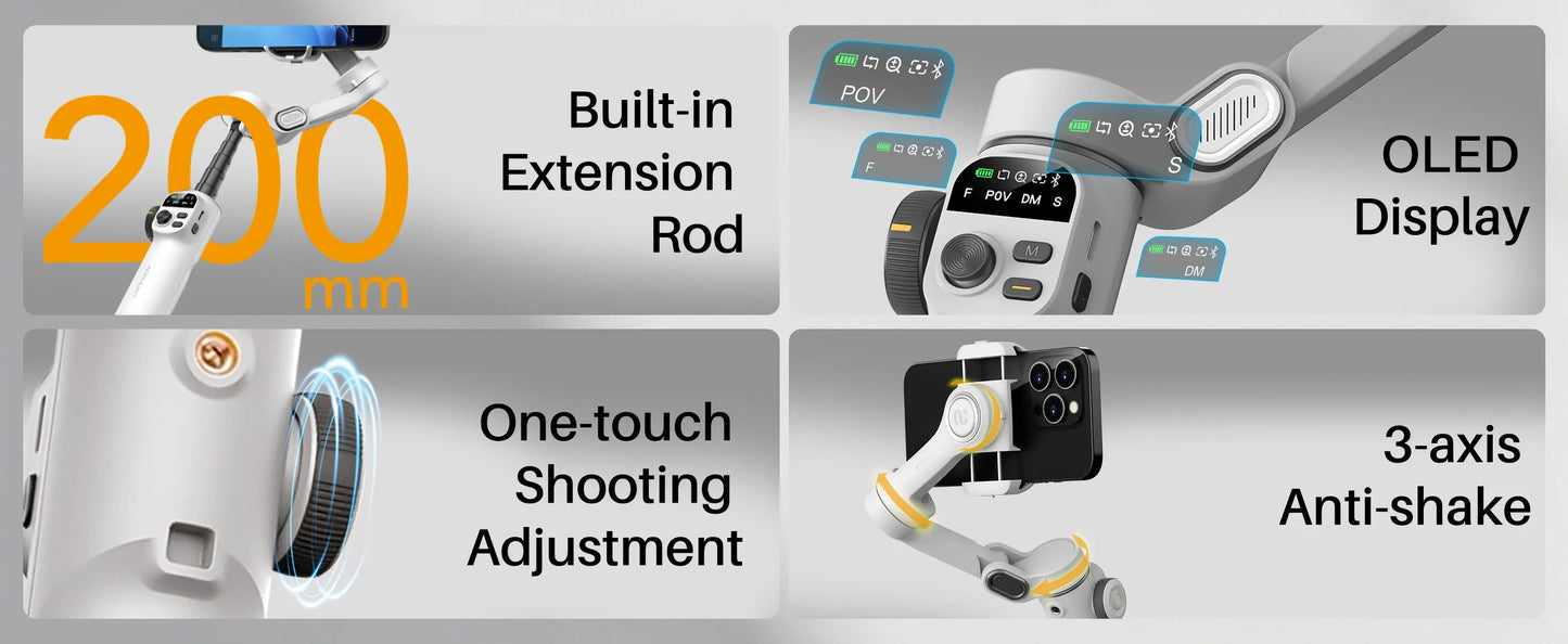 AOCHUAN Smart X2 – 3-Achsen-Smartphone-Gimbal mit ausziehbarem Stativarm und LED-Display.