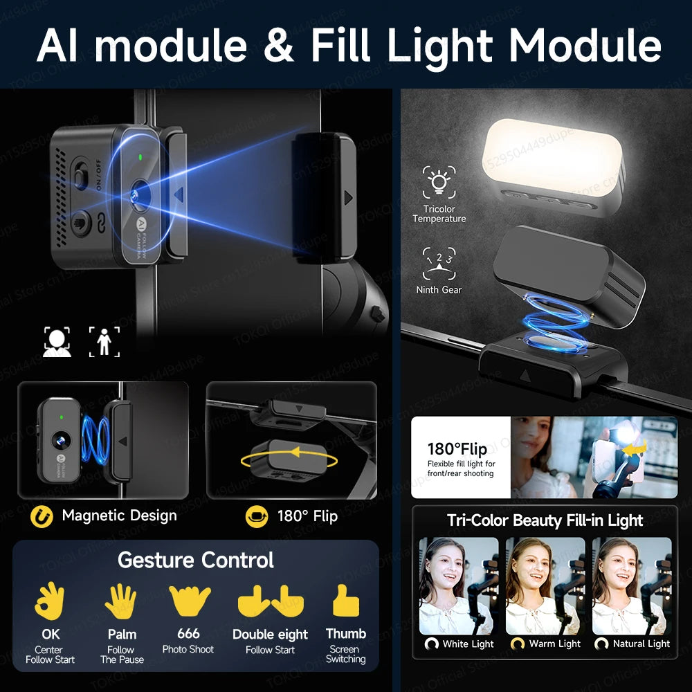 TOKQI M06 KI-Tracking-Gimbal Anti-Schütteln-Stabilisator mit integriertem Teleskopstab und kabellosem Mikrofon für Smartphone-Aufnahmen und Vlogs