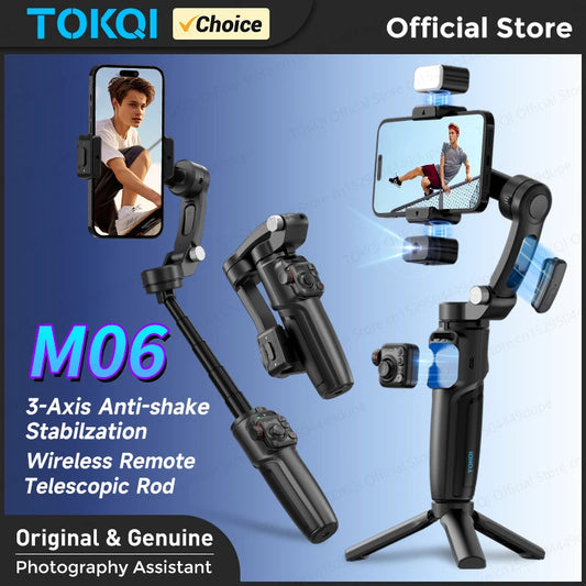 TOKQI M06 KI-Tracking-Gimbal Anti-Schütteln-Stabilisator mit integriertem Teleskopstab und kabellosem Mikrofon für Smartphone-Aufnahmen und Vlogs