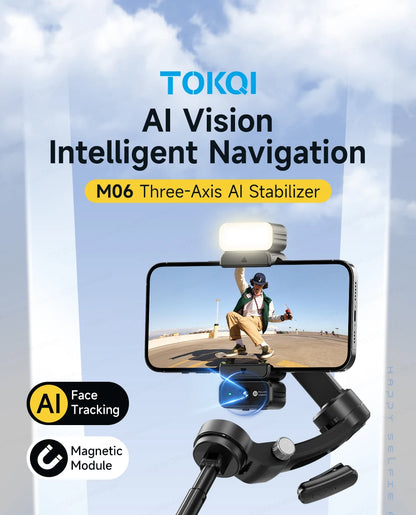 TOKQI M06 KI-Tracking-Gimbal Anti-Schütteln-Stabilisator mit integriertem Teleskopstab und kabellosem Mikrofon für Smartphone-Aufnahmen und Vlogs