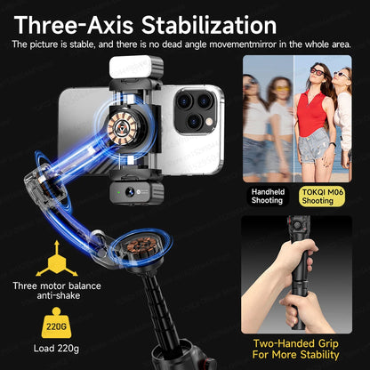 TOKQI M06 KI-Tracking-Gimbal Anti-Schütteln-Stabilisator mit integriertem Teleskopstab und kabellosem Mikrofon für Smartphone-Aufnahmen und Vlogs
