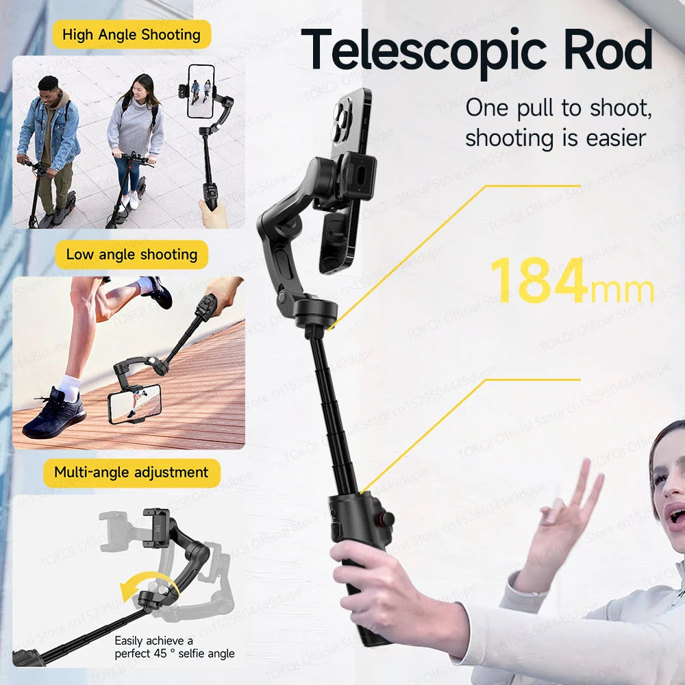 TOKQI M06 KI-Tracking-Gimbal Anti-Schütteln-Stabilisator mit integriertem Teleskopstab und kabellosem Mikrofon für Smartphone-Aufnahmen und Vlogs
