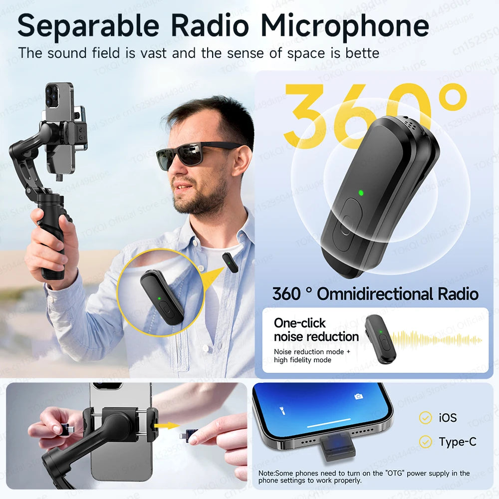 TOKQI M06 KI-Tracking-Gimbal Anti-Schütteln-Stabilisator mit integriertem Teleskopstab und kabellosem Mikrofon für Smartphone-Aufnahmen und Vlogs