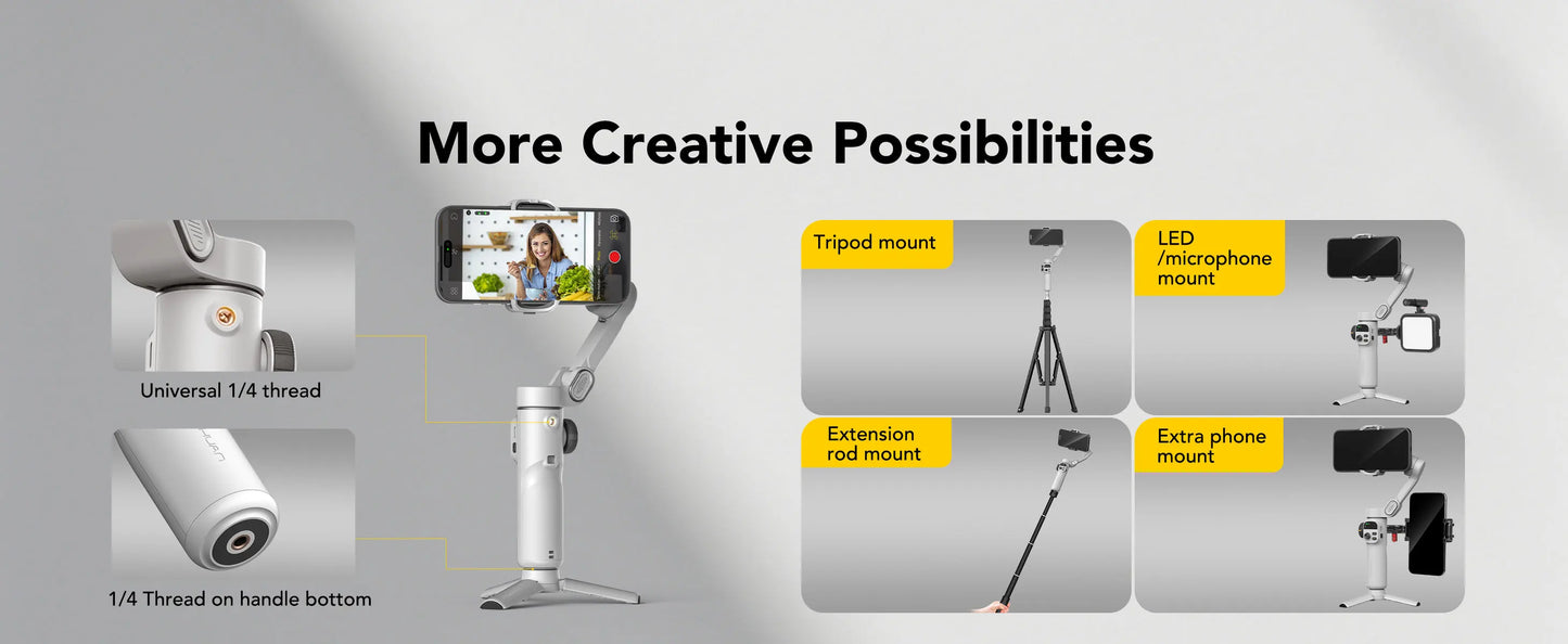 AOCHUAN Smart X2 – 3-Achsen-Smartphone-Gimbal mit ausziehbarem Stativarm und LED-Display.