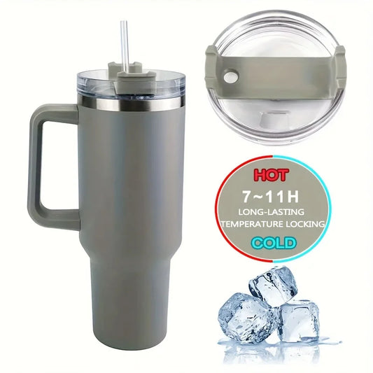 1 Stück isolierter wiederverwendbarer Doppelwand-Becher mit Griff und Strohdeckel, Trinkflasche aus Edelstahl, Reisebecher, 40 OZ