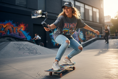 Mulher skateboarding com gimbal